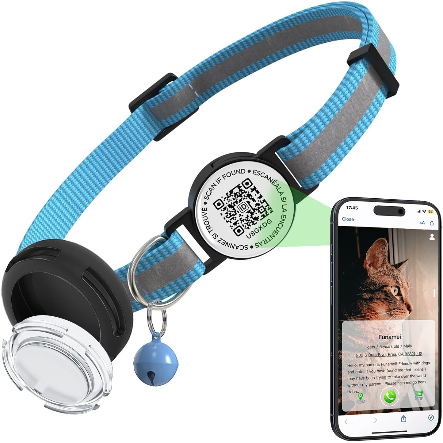 Anti-Loss Cat Collar with Airtag Holder, Breakaway QR Code Tag Buckle, Adjustable Kittens Collar with for Apple Air Tag Case