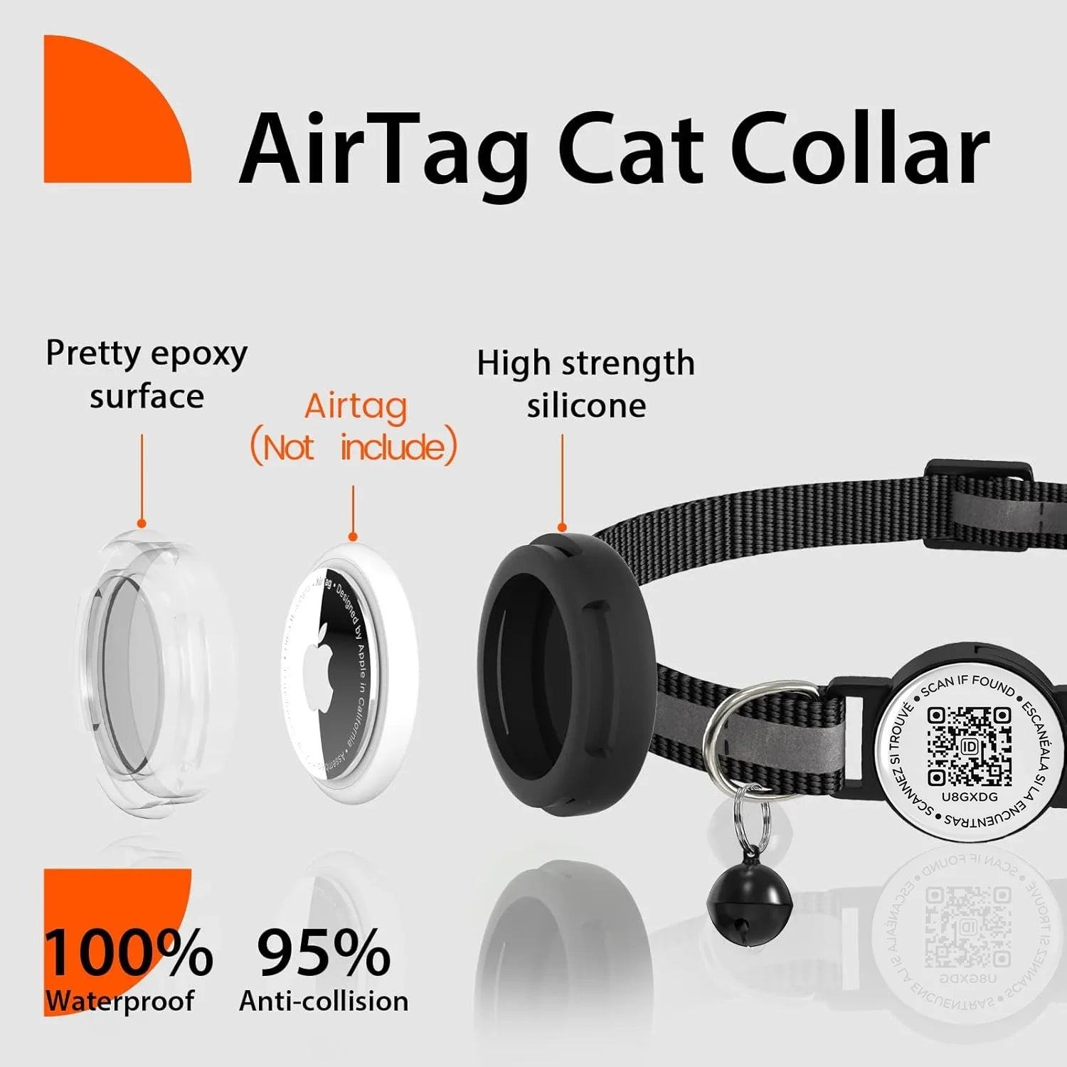 Anti-Loss Cat Collar with Airtag Holder, Breakaway QR Code Tag Buckle, Adjustable Kittens Collar with for Apple Air Tag Case