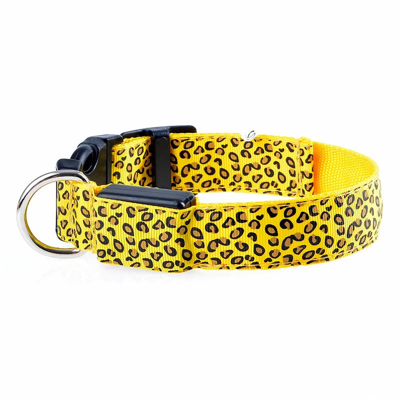 Leopard LED Dog Collar Luminous Adjustable Glowing Collar for Dogs Pet Night Safety Nylon Collar Luminous LED Bright Dog Collar