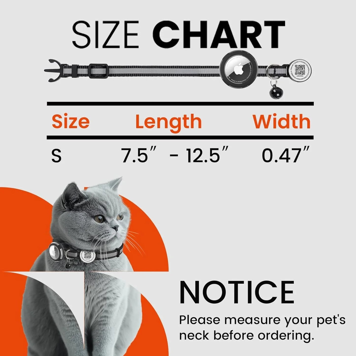 Anti-Loss Cat Collar with Airtag Holder, Breakaway QR Code Tag Buckle, Adjustable Kittens Collar with for Apple Air Tag Case