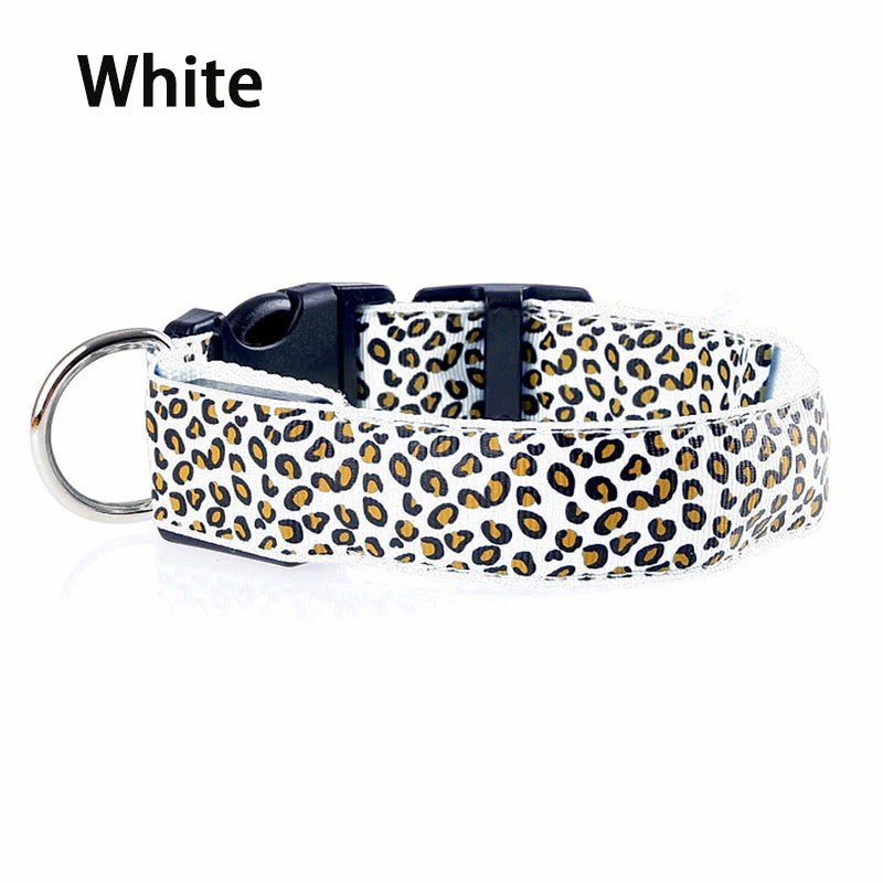 Leopard LED Dog Collar Luminous Adjustable Glowing Collar for Dogs Pet Night Safety Nylon Collar Luminous LED Bright Dog Collar