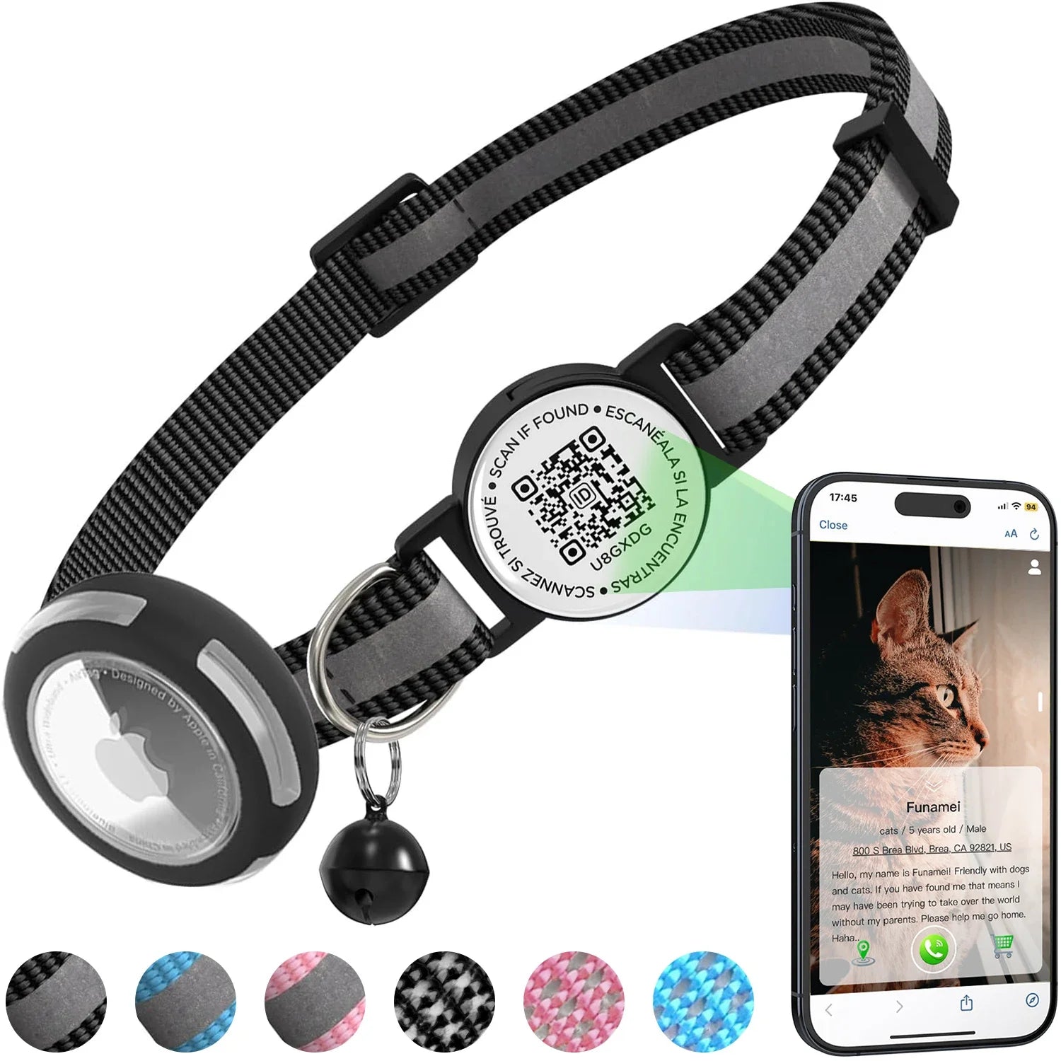 Anti-Loss Cat Collar with Airtag Holder, Breakaway QR Code Tag Buckle, Adjustable Kittens Collar with for Apple Air Tag Case