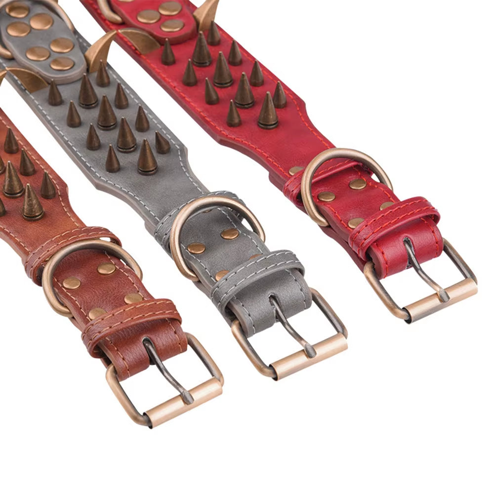 Dog Collar Sharp Spiked Studded Luxurious Padded Leather Pet Collars for Medium Large Dogs 2 Inch Width Dog Necklace Anti-Biting