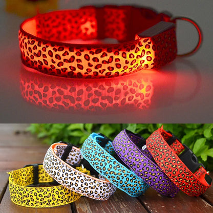 Leopard LED Dog Collar Luminous Adjustable Glowing Collar for Dogs Pet Night Safety Nylon Collar Luminous LED Bright Dog Collar