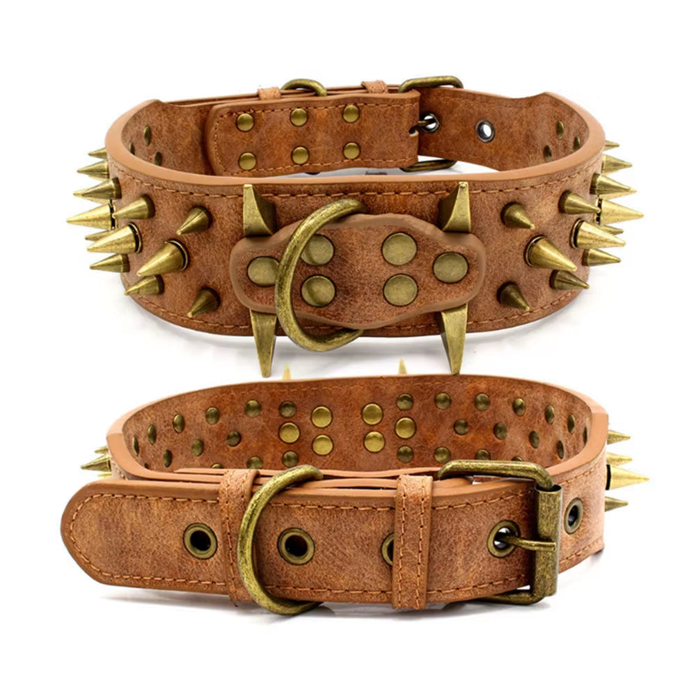 Dog Collar Sharp Spiked Studded Luxurious Padded Leather Pet Collars for Medium Large Dogs 2 Inch Width Dog Necklace Anti-Biting