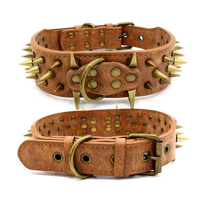 Dog Collar Sharp Spiked Studded Luxurious Padded Leather Pet Collars for Medium Large Dogs 2 Inch Width Dog Necklace Anti-Biting