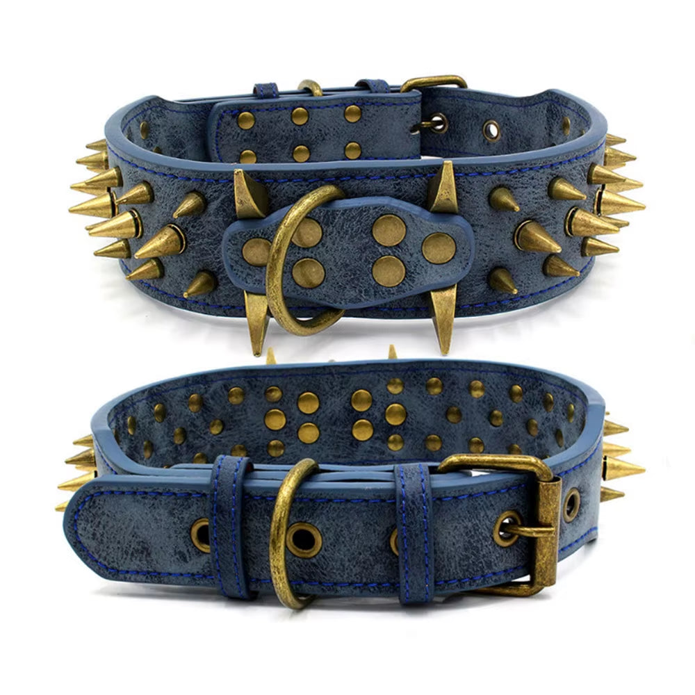 Dog Collar Sharp Spiked Studded Luxurious Padded Leather Pet Collars for Medium Large Dogs 2 Inch Width Dog Necklace Anti-Biting
