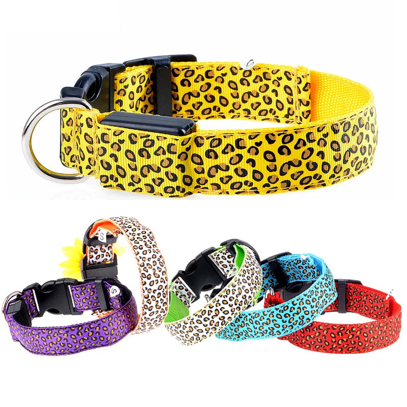 Leopard LED Dog Collar Luminous Adjustable Glowing Collar for Dogs Pet Night Safety Nylon Collar Luminous LED Bright Dog Collar