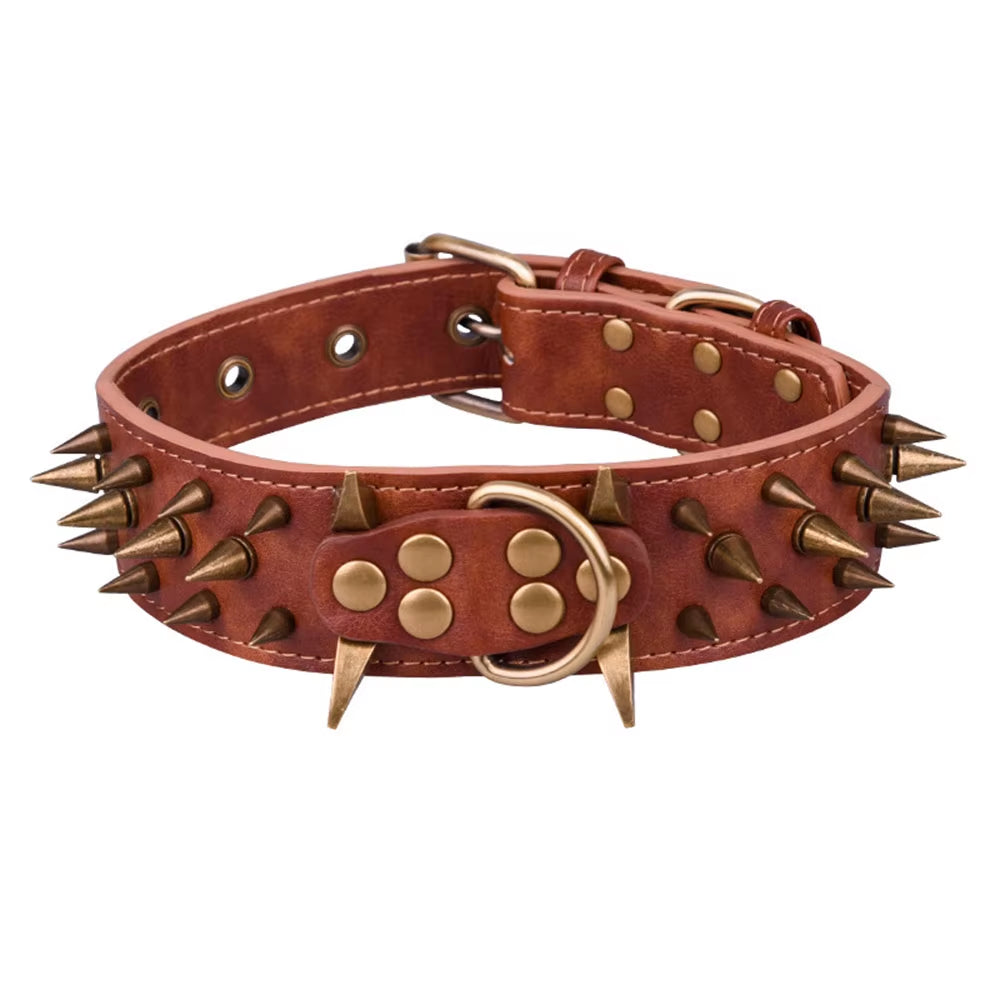 Dog Collar Sharp Spiked Studded Luxurious Padded Leather Pet Collars for Medium Large Dogs 2 Inch Width Dog Necklace Anti-Biting