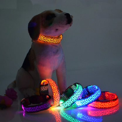 Leopard LED Dog Collar Luminous Adjustable Glowing Collar for Dogs Pet Night Safety Nylon Collar Luminous LED Bright Dog Collar