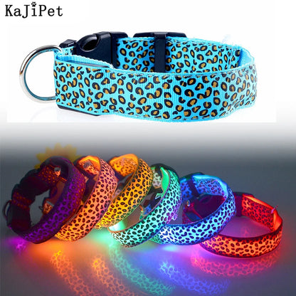 Leopard LED Dog Collar Luminous Adjustable Glowing Collar for Dogs Pet Night Safety Nylon Collar Luminous LED Bright Dog Collar