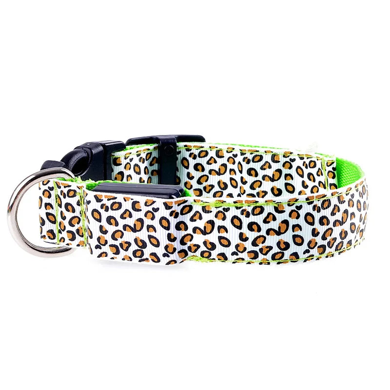 Leopard LED Dog Collar Luminous Adjustable Glowing Collar for Dogs Pet Night Safety Nylon Collar Luminous LED Bright Dog Collar
