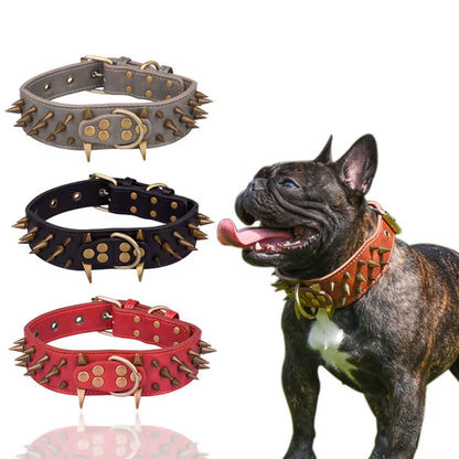 Dog Collar Sharp Spiked Studded Luxurious Padded Leather Pet Collars for Medium Large Dogs 2 Inch Width Dog Necklace Anti-Biting