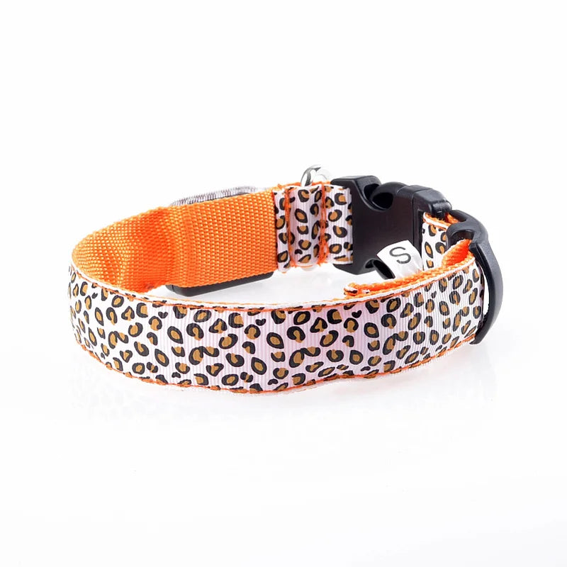 Leopard LED Dog Collar Luminous Adjustable Glowing Collar for Dogs Pet Night Safety Nylon Collar Luminous LED Bright Dog Collar