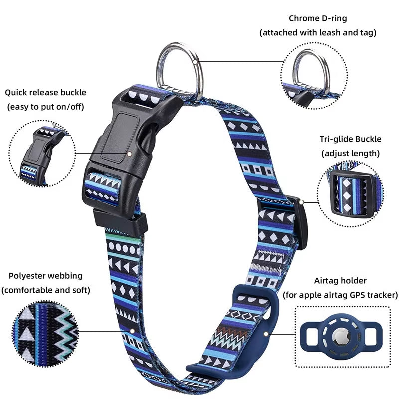 S/M/L Digital Printing Pet Adjustable Collar Puppy Kitten Necklace Collar with Airtag Holder Case Anti-Lost Dog Collar