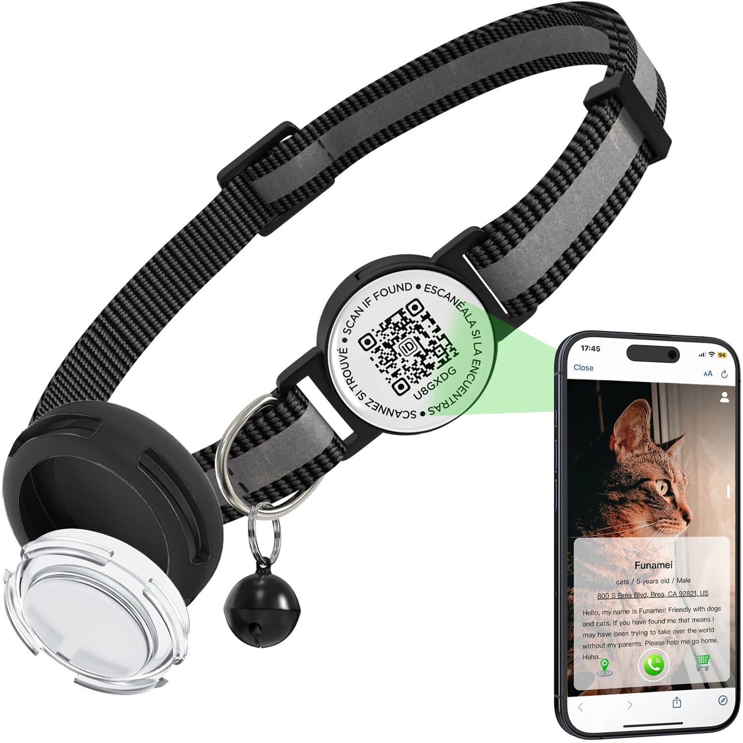 Anti-Loss Cat Collar with Airtag Holder, Breakaway QR Code Tag Buckle, Adjustable Kittens Collar with for Apple Air Tag Case