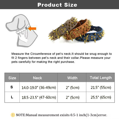 Dog Collar Sharp Spiked Studded Luxurious Padded Leather Pet Collars for Medium Large Dogs 2 Inch Width Dog Necklace Anti-Biting